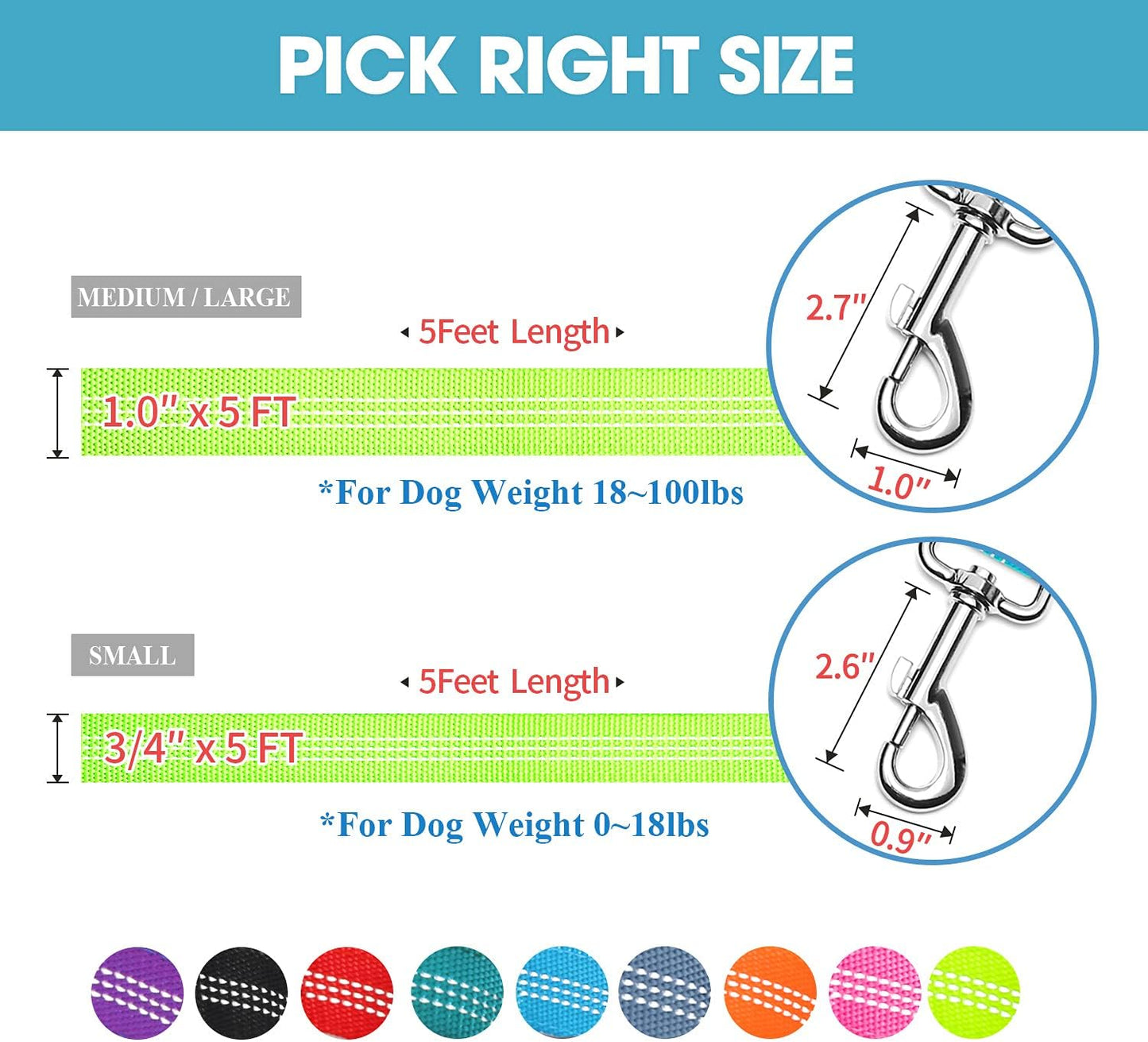 5 Feet Nylon Dog Leash with Triple Reflective Threads and Comfortable Padded Handle for Walking, Training Lead Small Puppy, Medium and Large Dogs (3/4'' X 5 FT, Green)