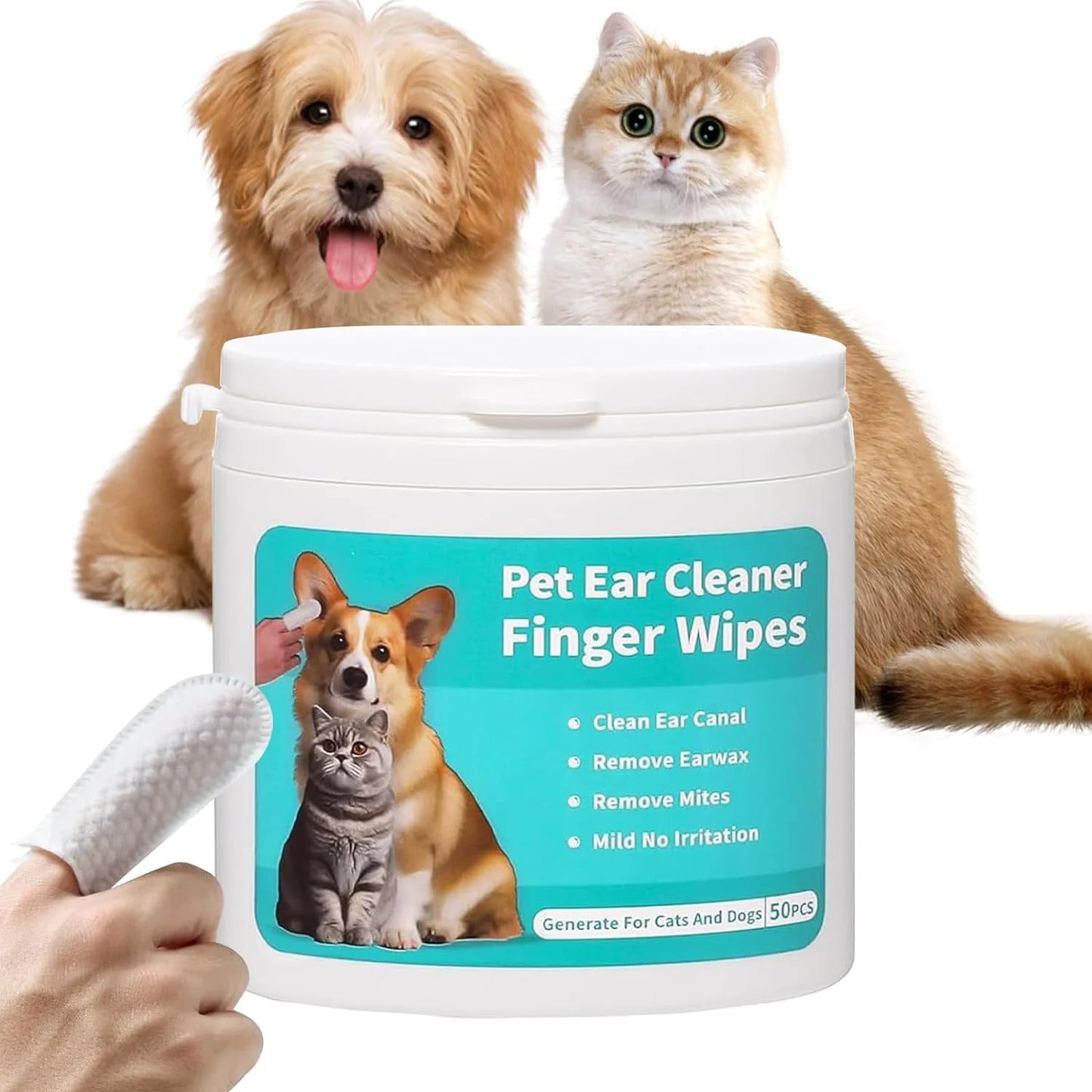 2-Pack Teeth and Ear Cleaner Finger Wipes, Dog and Cat Grooming Kit, Soothing Odor Control, Reduces Dirt and Wax Buildup, Cleans Teeth and Reduces Tartar and Odor, 100 Tablets