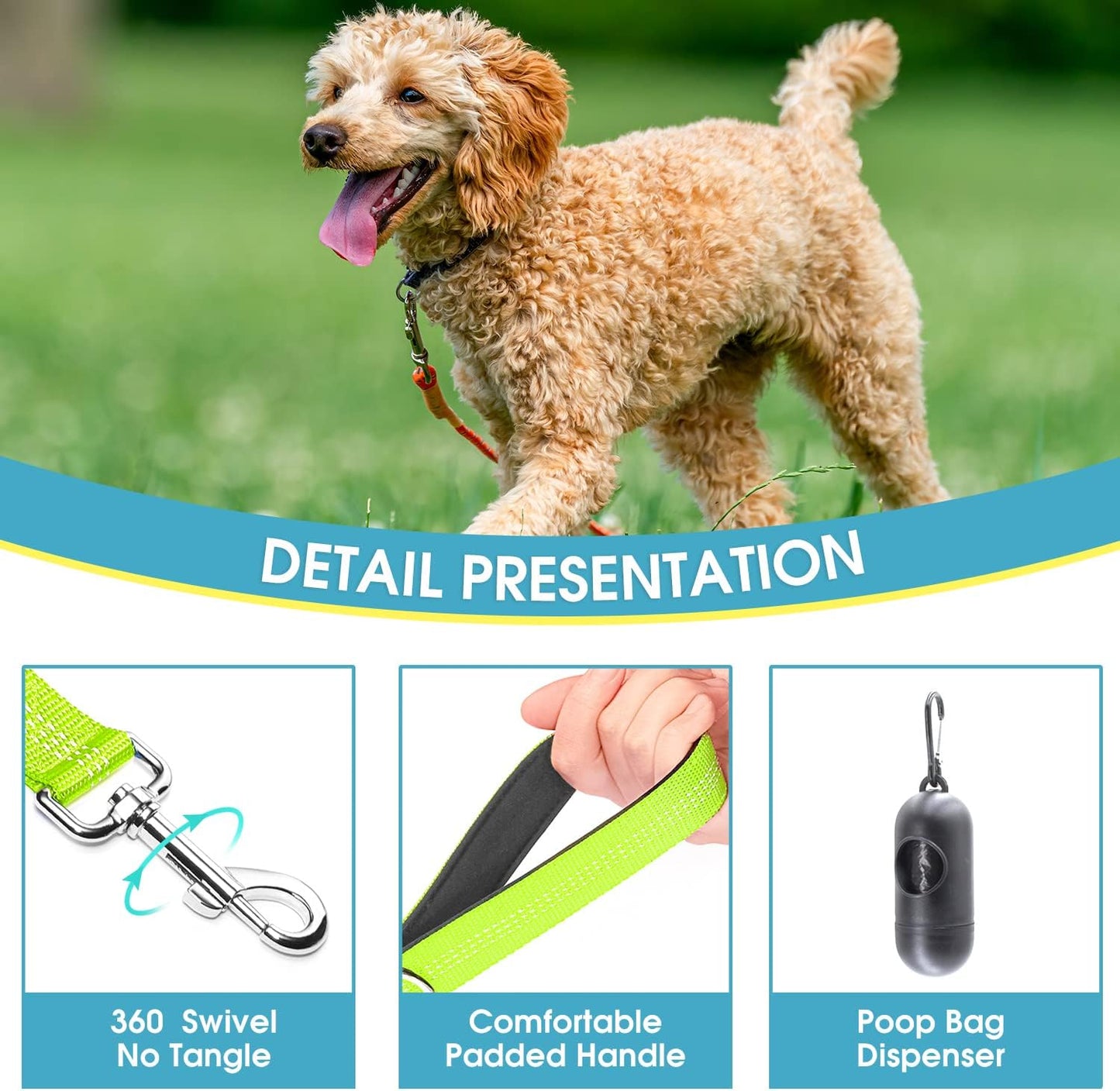 5 Feet Nylon Dog Leash with Triple Reflective Threads and Comfortable Padded Handle for Walking, Training Lead Small Puppy, Medium and Large Dogs (3/4'' X 5 FT, Green)