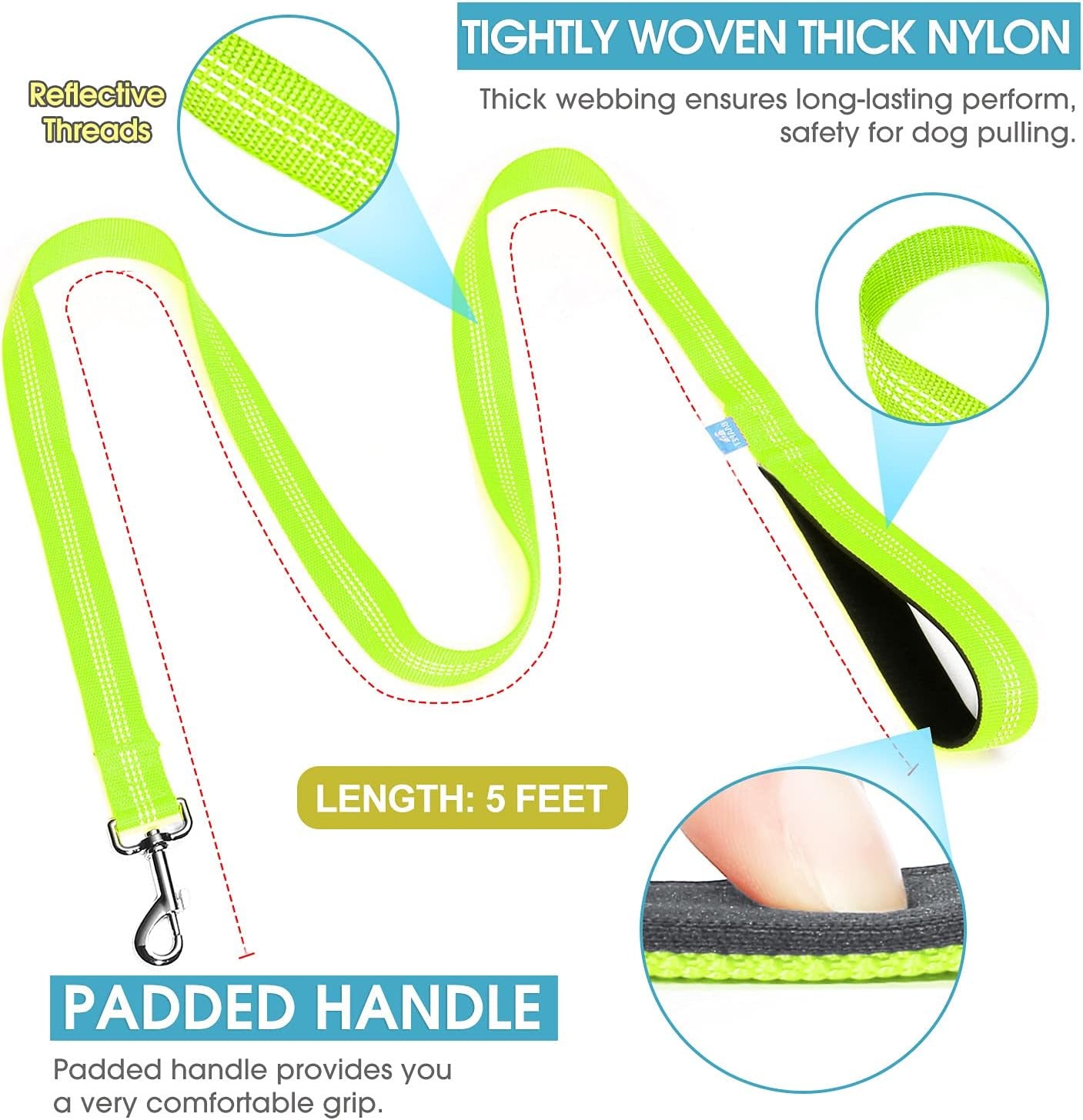 5 Feet Nylon Dog Leash with Triple Reflective Threads and Comfortable Padded Handle for Walking, Training Lead Small Puppy, Medium and Large Dogs (3/4'' X 5 FT, Green)