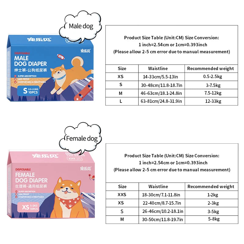 10/20Pcs Dog Diapers Males Females Disposable Nappies Pants Physiological Underwear Adjustable Leakproof Breathable Safety Pants