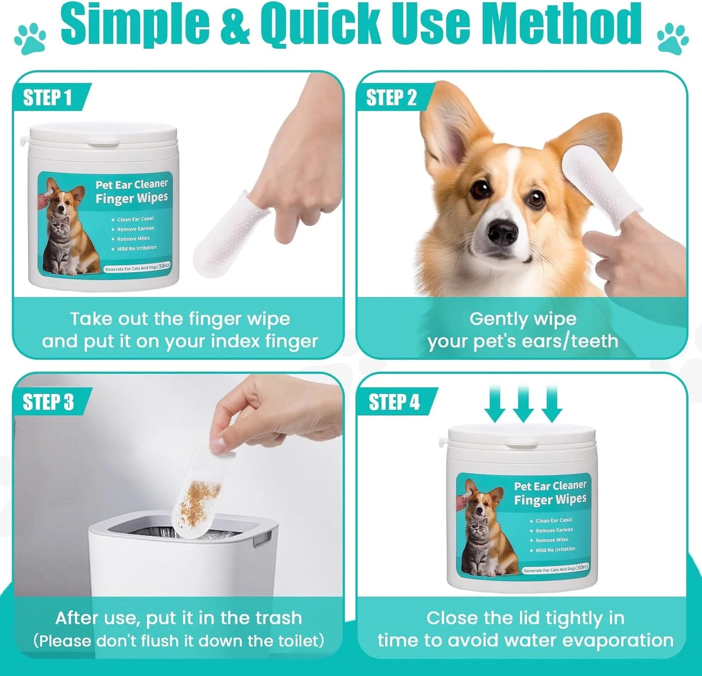 2-Pack Teeth and Ear Cleaner Finger Wipes, Dog and Cat Grooming Kit, Soothing Odor Control, Reduces Dirt and Wax Buildup, Cleans Teeth and Reduces Tartar and Odor, 100 Tablets