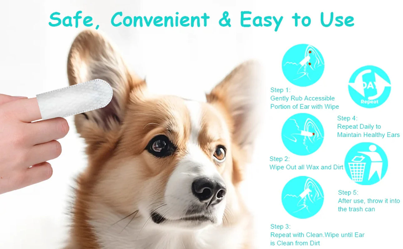 2-Pack Teeth and Ear Cleaner Finger Wipes, Dog and Cat Grooming Kit, Soothing Odor Control, Reduces Dirt and Wax Buildup, Cleans Teeth and Reduces Tartar and Odor, 100 Tablets