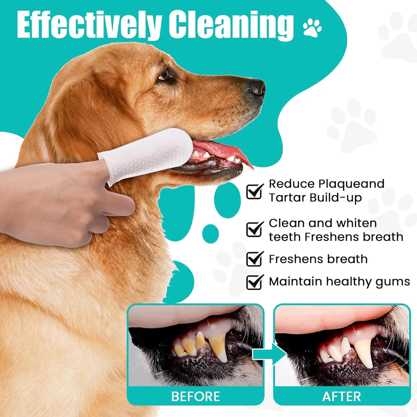 2-Pack Teeth and Ear Cleaner Finger Wipes, Dog and Cat Grooming Kit, Soothing Odor Control, Reduces Dirt and Wax Buildup, Cleans Teeth and Reduces Tartar and Odor, 100 Tablets