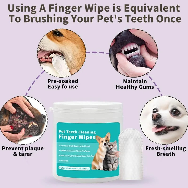2-Pack Teeth and Ear Cleaner Finger Wipes, Dog and Cat Grooming Kit, Soothing Odor Control, Reduces Dirt and Wax Buildup, Cleans Teeth and Reduces Tartar and Odor, 100 Tablets