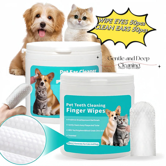 2-Pack Teeth and Ear Cleaner Finger Wipes, Dog and Cat Grooming Kit, Soothing Odor Control, Reduces Dirt and Wax Buildup, Cleans Teeth and Reduces Tartar and Odor, 100 Tablets